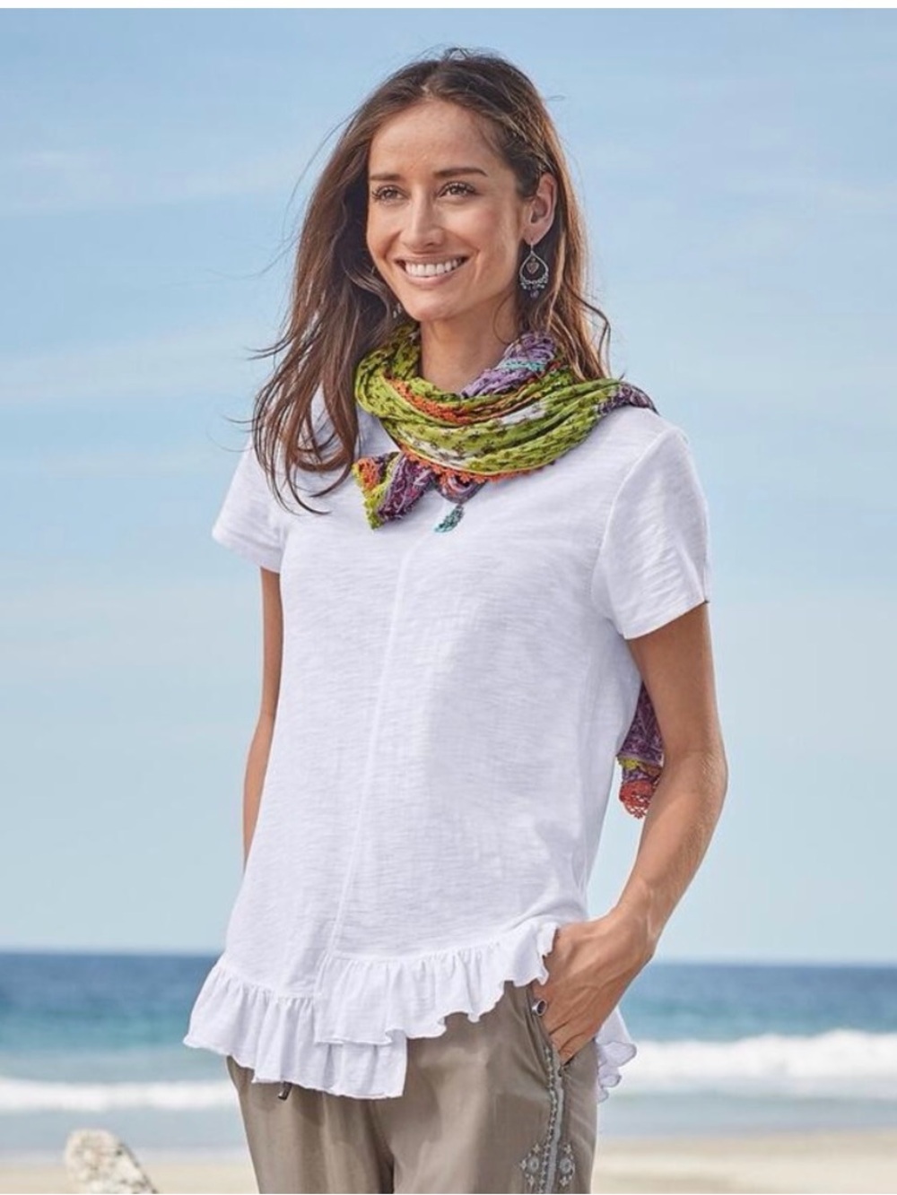 Sundance White Short Sleeve soft Ruffle-Hem Tee asymmetrical women’s medium